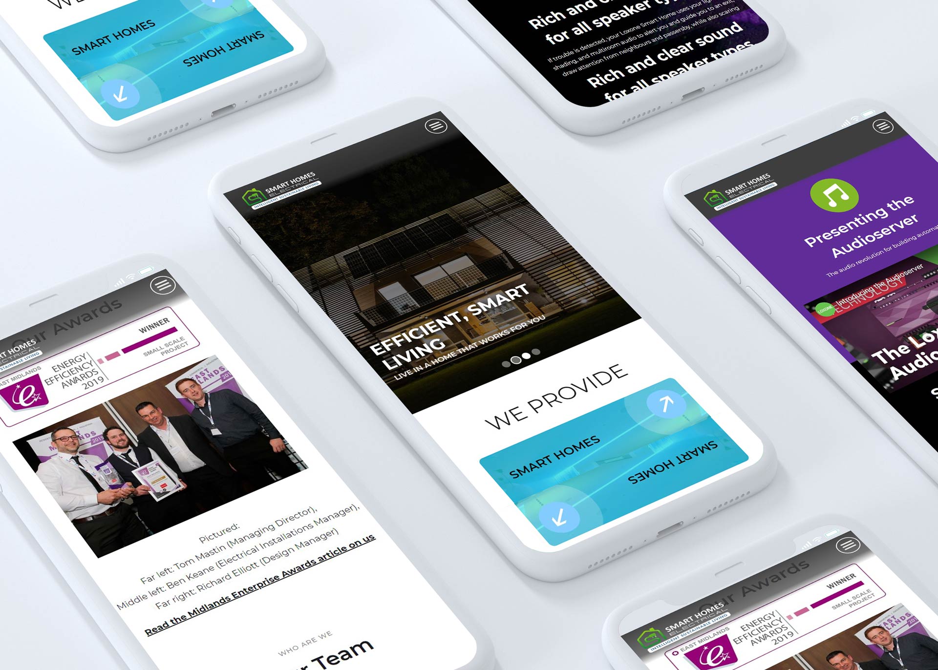 Mobile design screens for Smart Homes Electrical's new website, created in Webflow.