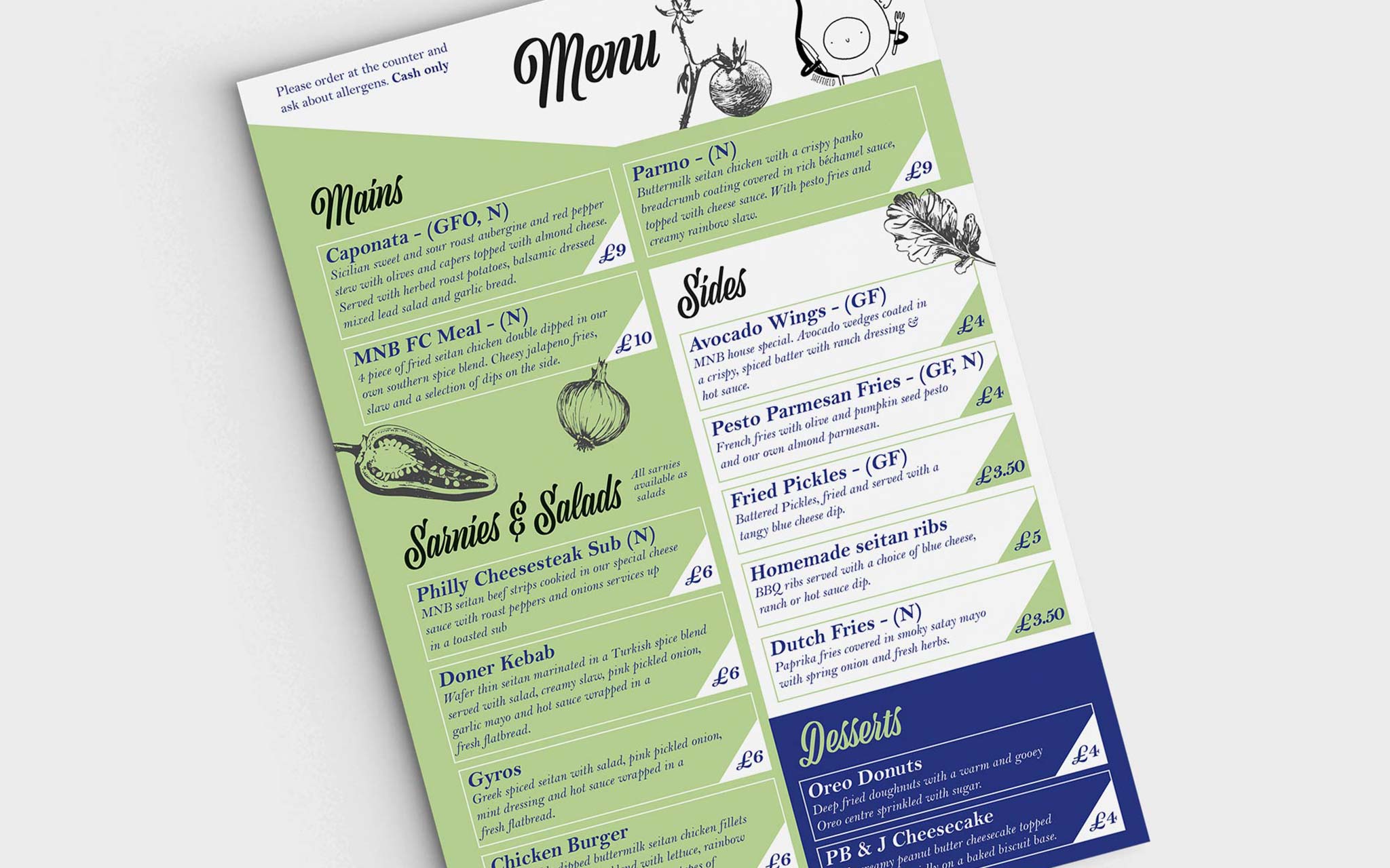 Make No Bones menu redesign. Vegan cafe in Sheffield, UK